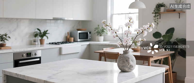 【AI数字艺术】现代开放式厨房和大理石饭桌图片素材