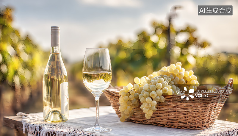 【AI数字艺术】晴朗的天气，桌子上的白葡萄酒与一篮子葡萄图片素材