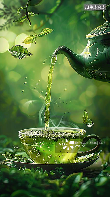 【AI数字艺术】一壶清茶慢煮时光  茶文化：正在倒茶的茶壶和茶杯  一杯清新绿茶 明前龙井 茶文化图片素材