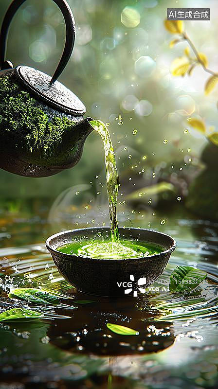 【AI数字艺术】一壶清茶慢煮时光  茶文化：正在倒茶的茶壶和茶杯  一杯清新绿茶 明前龙井 茶文化图片素材