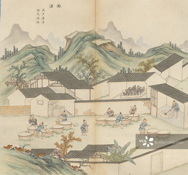 淘泥，古代景德镇陶瓷作坊制作瓷器场景，制瓷工艺流程图说图片素材
