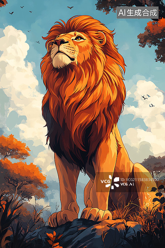 【AI数字艺术】插画中威风的草原雄狮图片素材