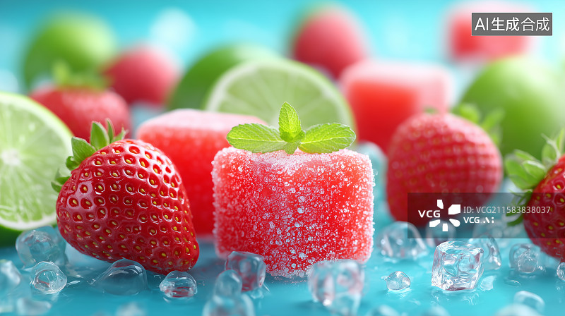 【AI数字艺术】草莓冰块与薄荷装饰图片素材