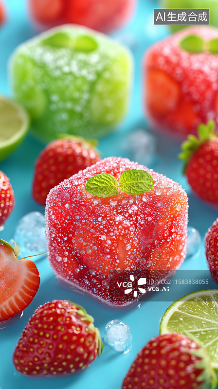 【AI数字艺术】草莓冰块与薄荷装饰图片素材