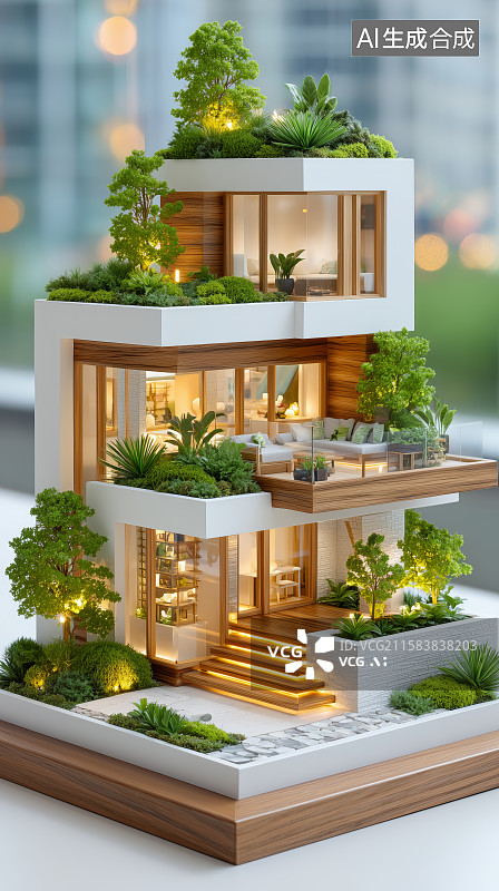 【AI数字艺术】现代绿色建筑模型展示图片素材