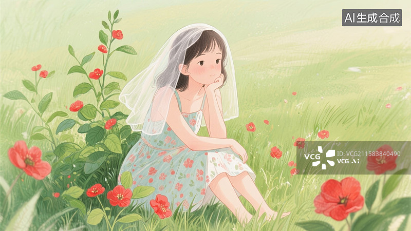 【AI数字艺术】花海中的少女时光图片素材