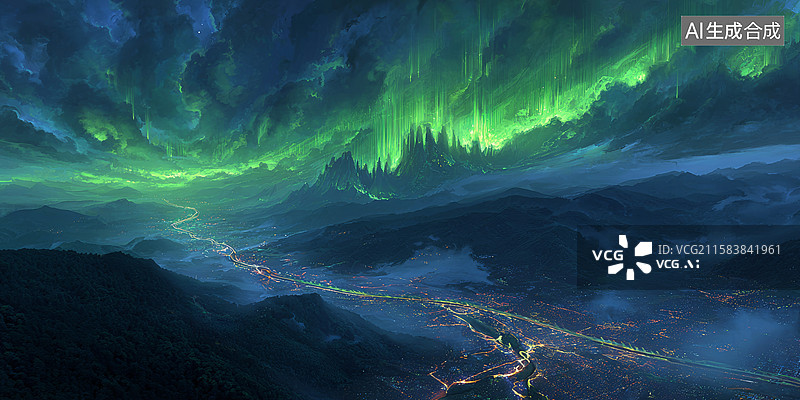 【AI数字艺术】极光下的神秘山谷图片素材