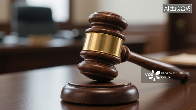 【AI数字艺术】法庭或办公室桌面上放置的一个木制的锤身和底座均为深棕色的法官锤图片素材