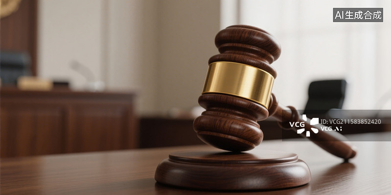 【AI数字艺术】法庭或办公室桌面上放置的一个木制的锤身和底座均为深棕色的法官锤图片素材