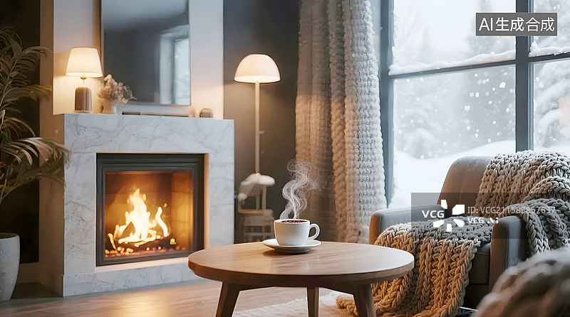 【AI数字艺术】AIGC：现代室内客厅带壁炉的样板间图片素材