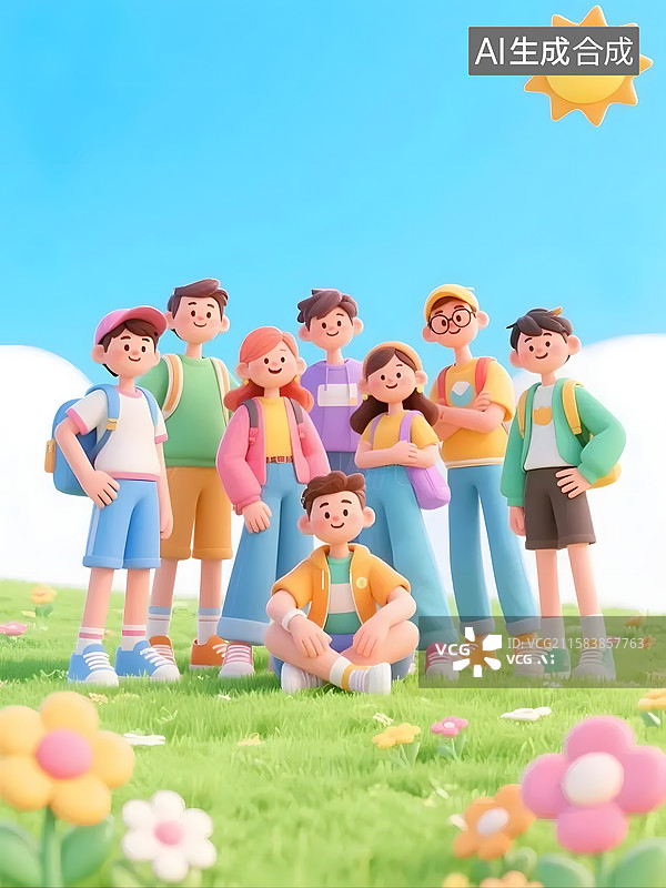 【AI数字艺术】AIGC：夏日户外草地年轻的青年人合照集体照 五四青年节海报背景图片素材