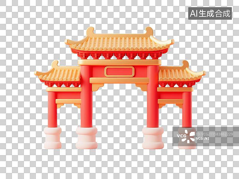【AI数字艺术】3D渲染，中式古建筑，门楼，大门，国庆节，中秋节，春节，新年，传统节日，免抠元素图片素材