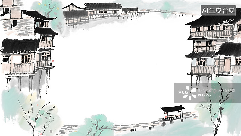 【AI数字艺术】吊脚楼水墨画背景最大图片素材