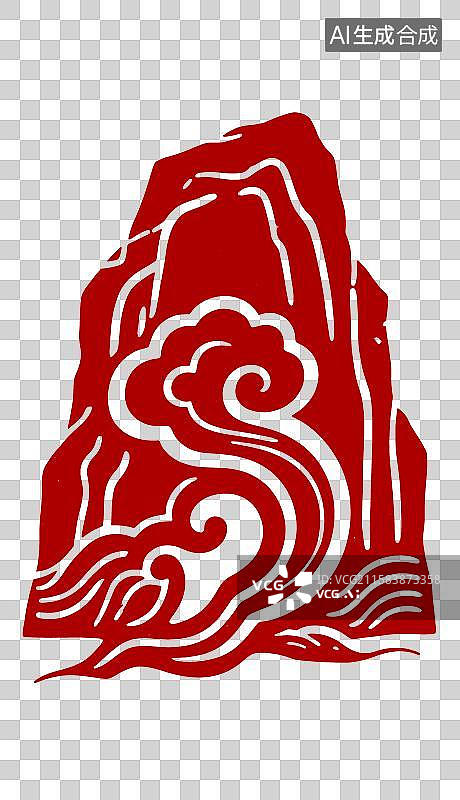 【AI数字艺术】红色祥云石山剪纸图案图片素材