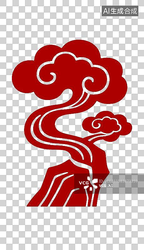 【AI数字艺术】红色祥云石山剪纸图案图片素材