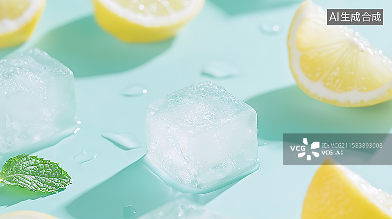 【AI数字艺术】夏日清新风绿柠檬冰块冷饮海报背景图片素材