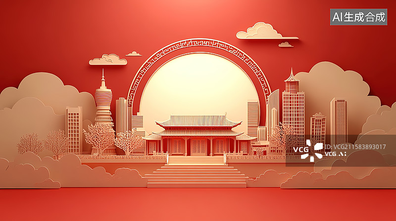 【AI数字艺术】剪纸风格中国风红色背景下的中国传统古建筑和城市天际线插画图片素材
