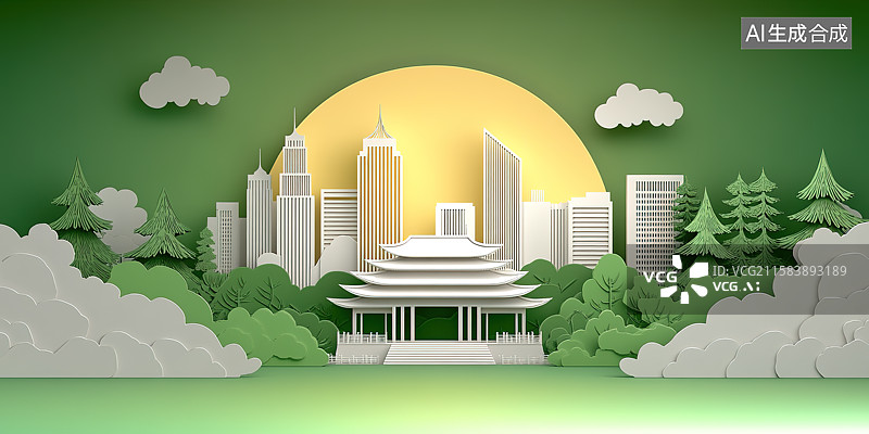 【AI数字艺术】绿色背景下的中国风古建筑剪纸插画图片素材