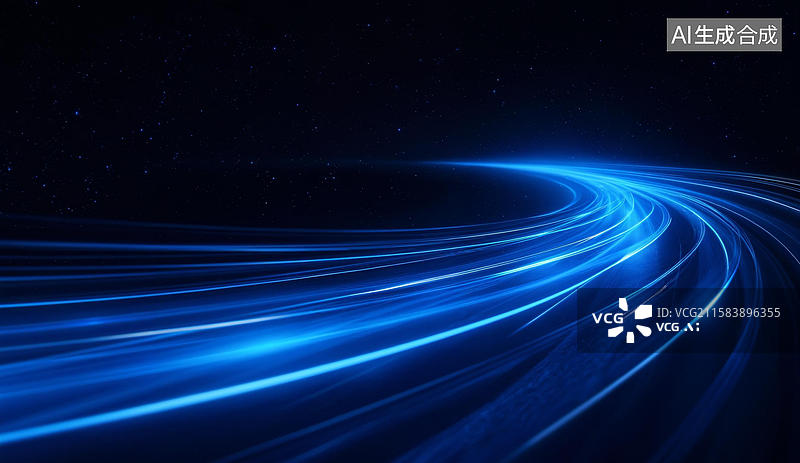 【AI数字艺术】蓝色光流在黑暗背景中蜿蜒图片素材