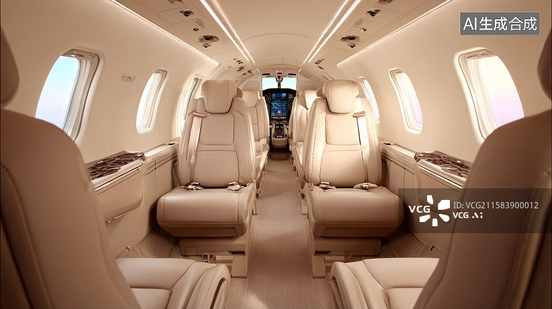 【AI数字艺术】私人飞机商务舱内部场景，一等座，商务座图片素材