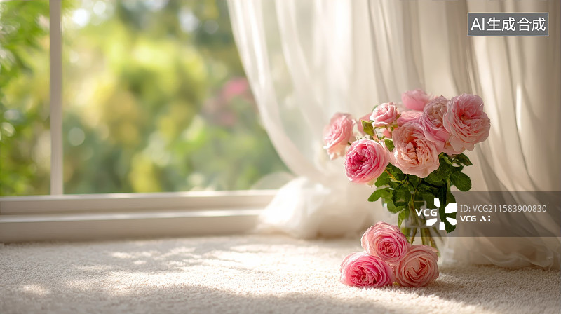 【AI数字艺术】室内窗台前在柔软的地毯上放着的玫瑰花瓶图片素材