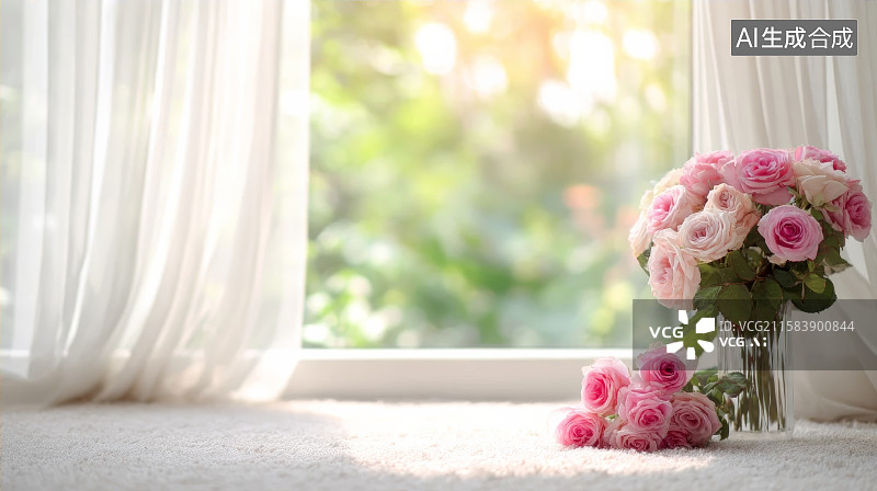 【AI数字艺术】室内窗台前在柔软的地毯上放着的玫瑰花瓶图片素材