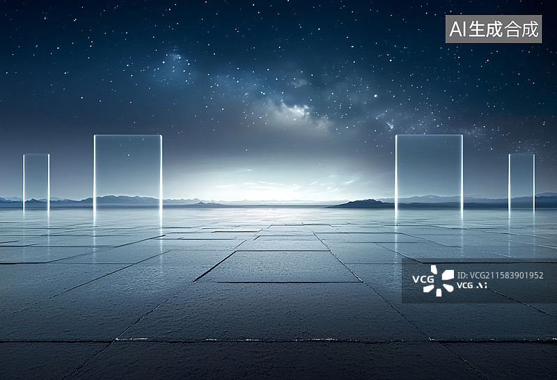 【AI数字艺术】水泥地砖面上玻璃门平台与未来科技风格背景图片素材
