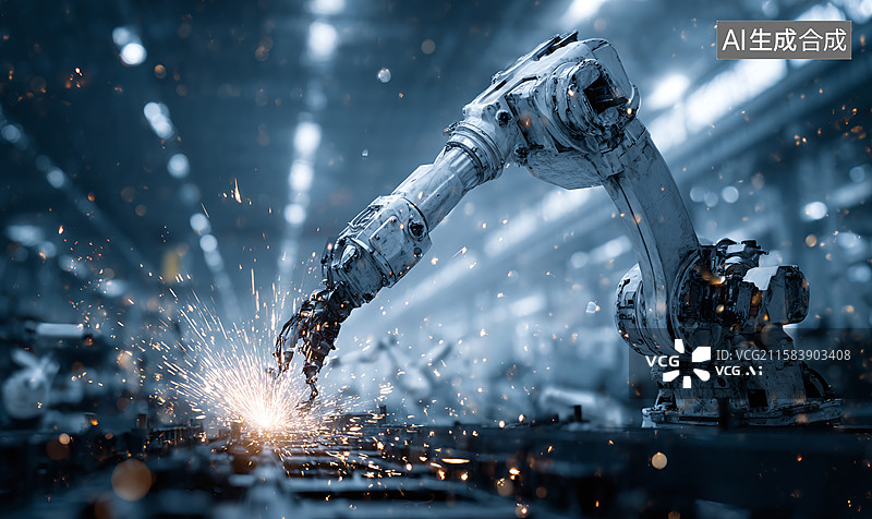 【AI数字艺术】工业制造场景：机械臂机器人焊接作业，火花飞溅展现工厂自动化生产科技感图片素材