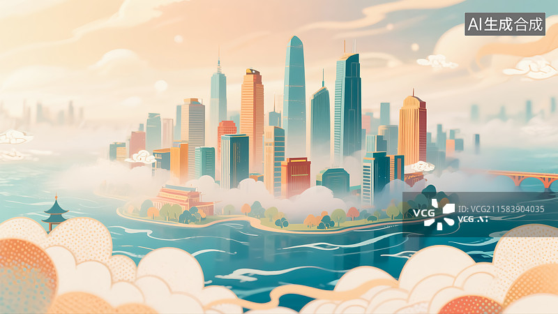【AI数字艺术】海上城市插画图片素材