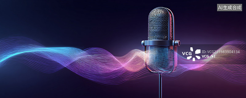 【AI数字艺术】音频可视化场景：麦克风搭配彩色声波光效，展现音乐广播演唱直播声音可视化画面图片素材