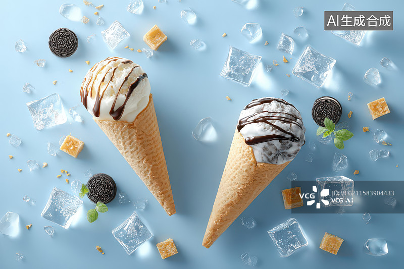 【AI数字艺术】浅蓝背景双球冰淇淋甜筒静物图图片素材