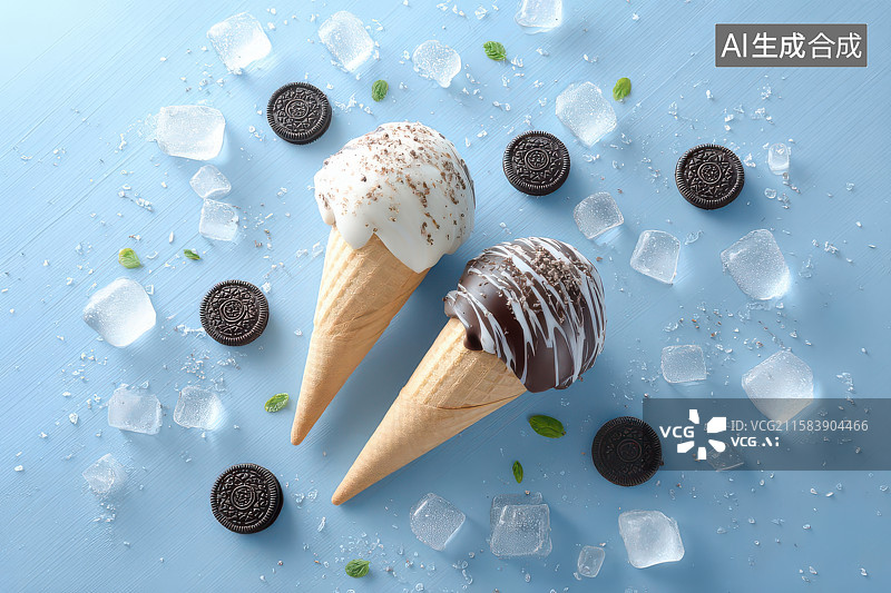 【AI数字艺术】浅蓝背景双球冰淇淋甜筒静物图图片素材