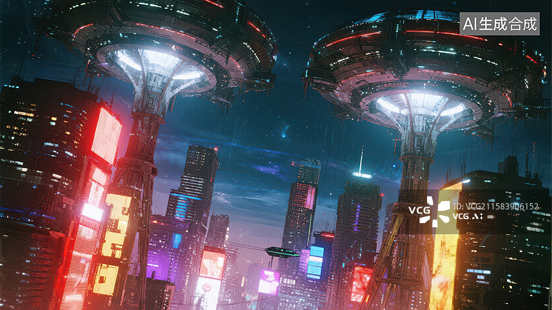 【AI数字艺术】未来城市夜景与悬浮建筑图片素材