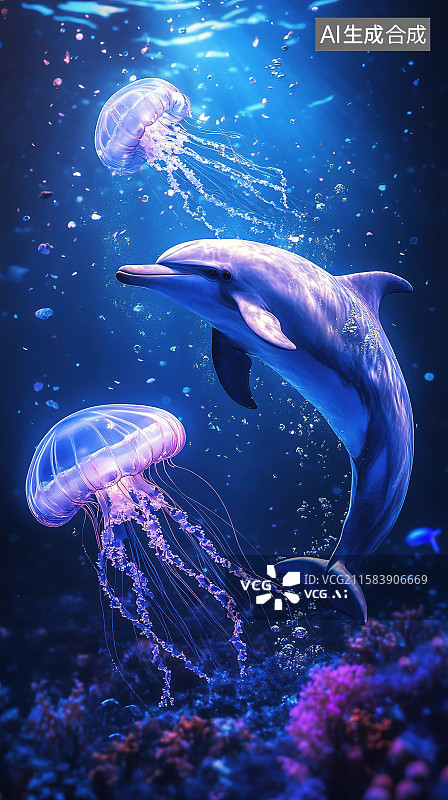 【AI数字艺术】世界动物日插画海洋馆海底世界中海豚水母欢快游动图片素材