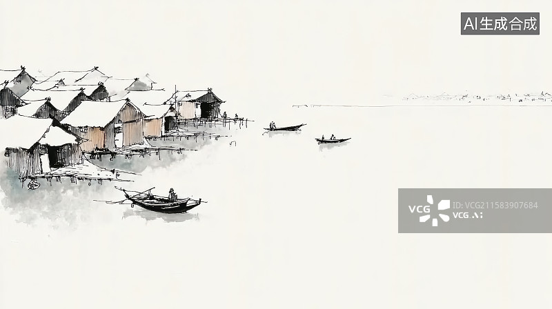 【AI数字艺术】水墨画，湖边的渔家与渔船，古代田园风光，左边留白图片素材