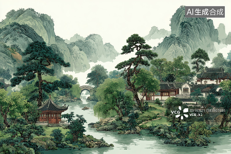 【AI数字艺术】国风，绿水青山，峡谷与河流，山下的古代建筑图片素材