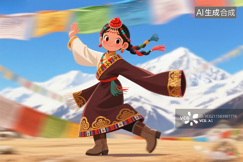 【AI数字艺术】雪山下的藏族少女载歌载舞图片素材