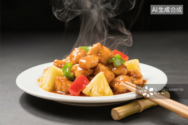 【AI数字艺术】一盘冒着热气的菠萝咕咾肉图片素材