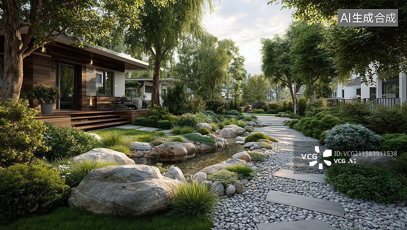 【AI数字艺术】高档别墅庭院效果图图片素材