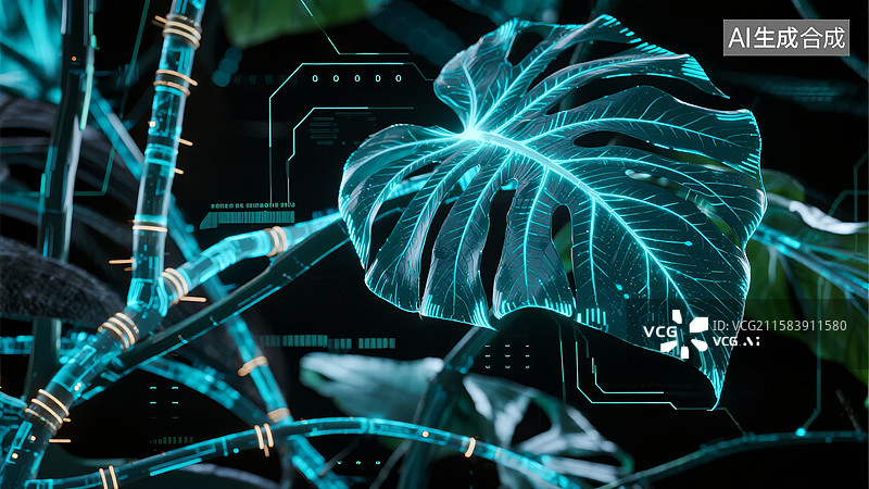 【AI数字艺术】科技感植物叶脉与电路结合的未来设计图片素材