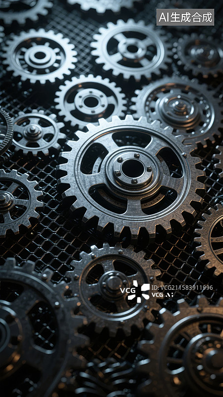 【AI数字艺术】金属齿轮紧密排列的机械细节图片素材