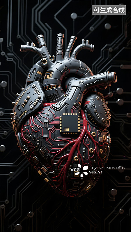 【AI数字艺术】机械心脏与电路板的融合图片素材