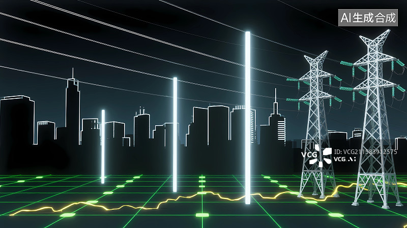 【AI数字艺术】发光架空输电线路输电塔科技插画图片素材