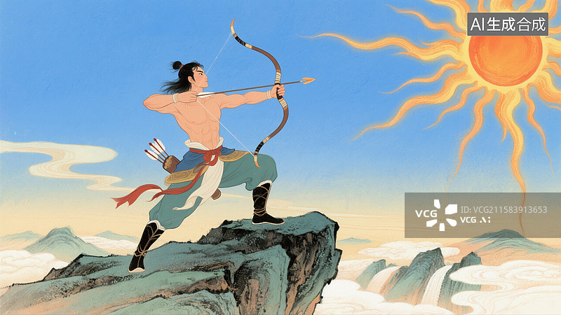 【AI数字艺术】传说古代神话故事，后羿射日插画图片素材