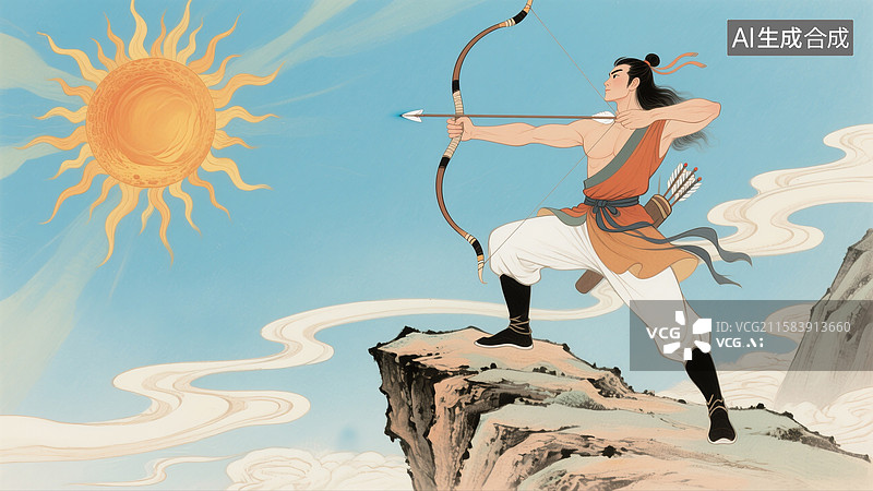 【AI数字艺术】传说古代神话故事，后羿射日插画图片素材