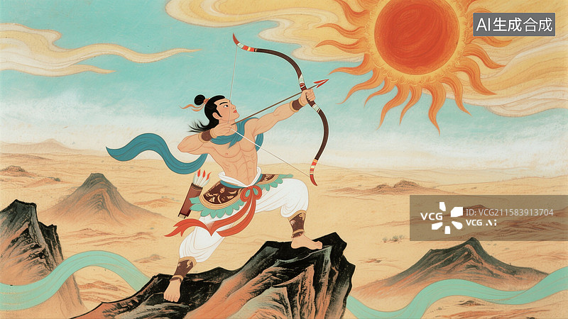 【AI数字艺术】传说古代神话故事，后羿射日插画图片素材