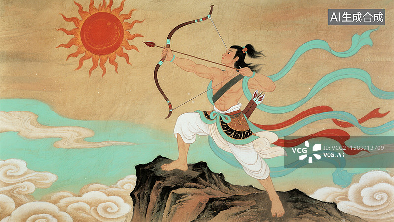 【AI数字艺术】传说古代神话故事，后羿射日插画图片素材