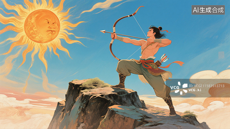 【AI数字艺术】传说古代神话故事，后羿射日插画图片素材