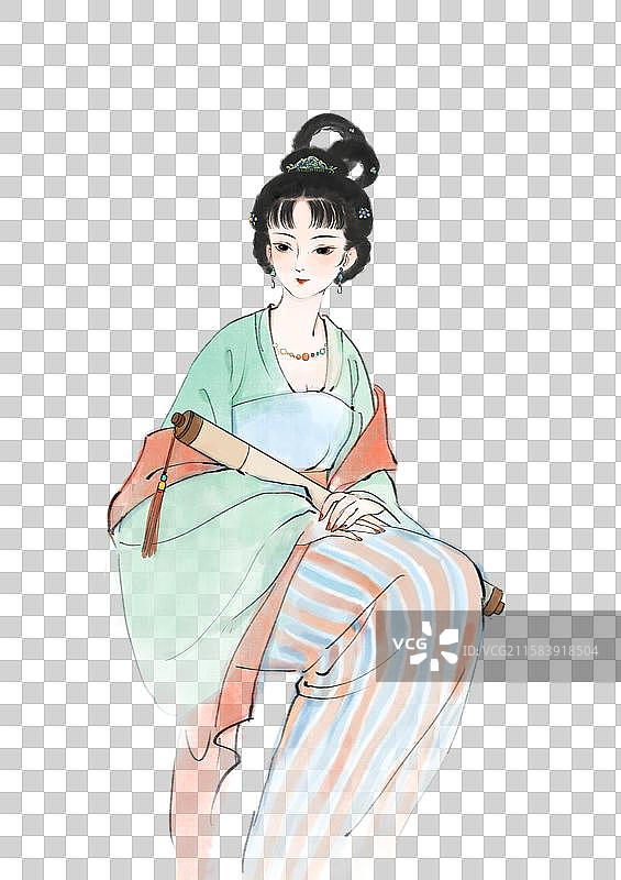 上官婉儿唐朝女性坐着拿卷轴仕女图水墨画国风唯美插画图片素材