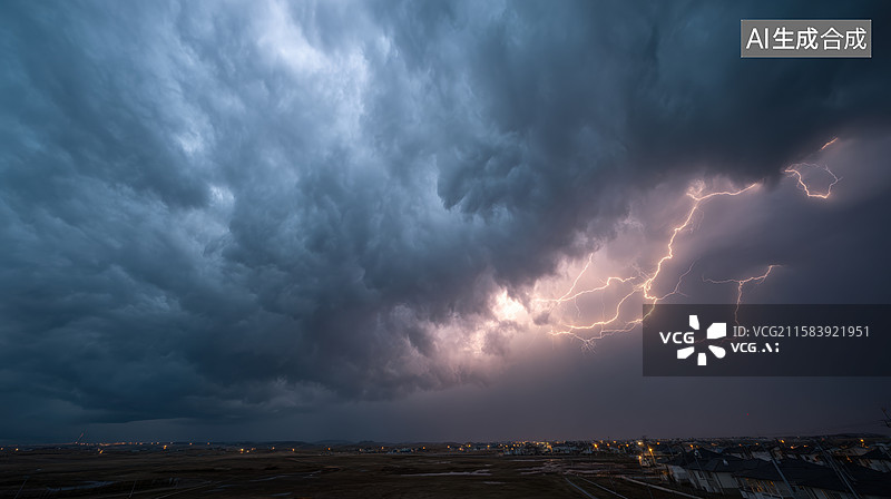 【AI数字艺术】雷电划破夜空的壮观景象图片素材